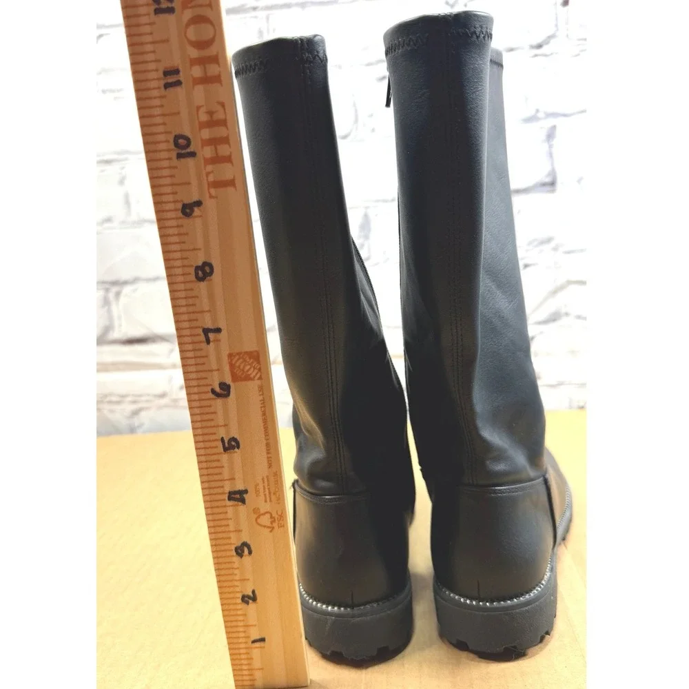 SO Tall Black Boots Girls Youth 2 Faux Leather Black Lug Sole Side Zip School